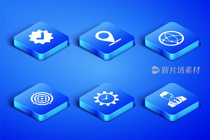 Set Man with a耳机，Approved and check mark, Time Management, Target sport, Map pin and Social network icon。向量